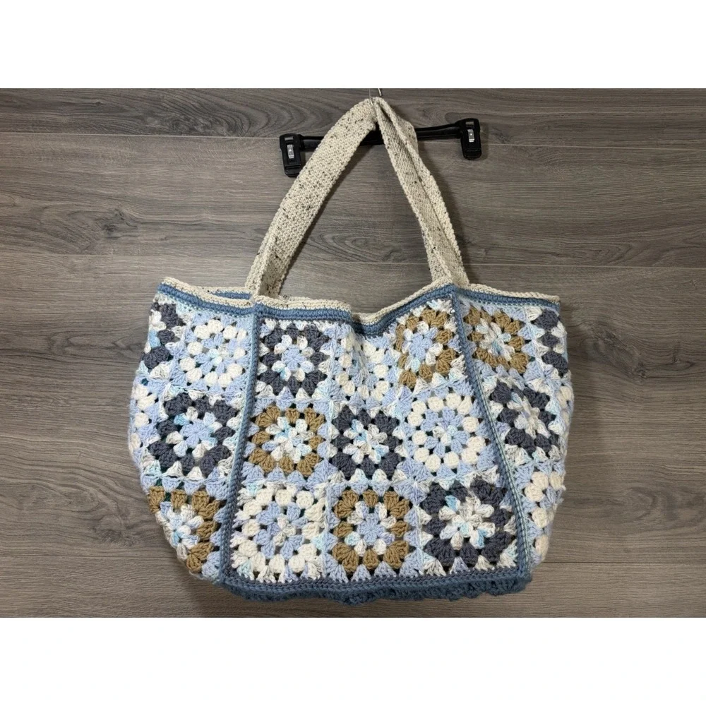 Handmade Crochet Granny Square Large Reversible Tote Bag Boho Hippie Blue Brown